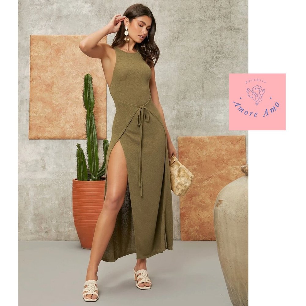 Marie Antoinette 🌸 Army Green Knit Synched Knit Beach Leg Slit Goddess Dress